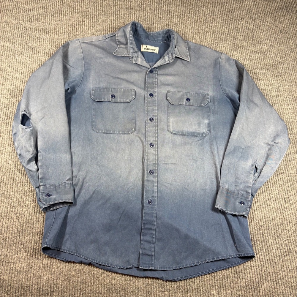 Vintage Roebucks Shirt Mens L Blue Distressed Long Sleeve Work Faded Two Pocket